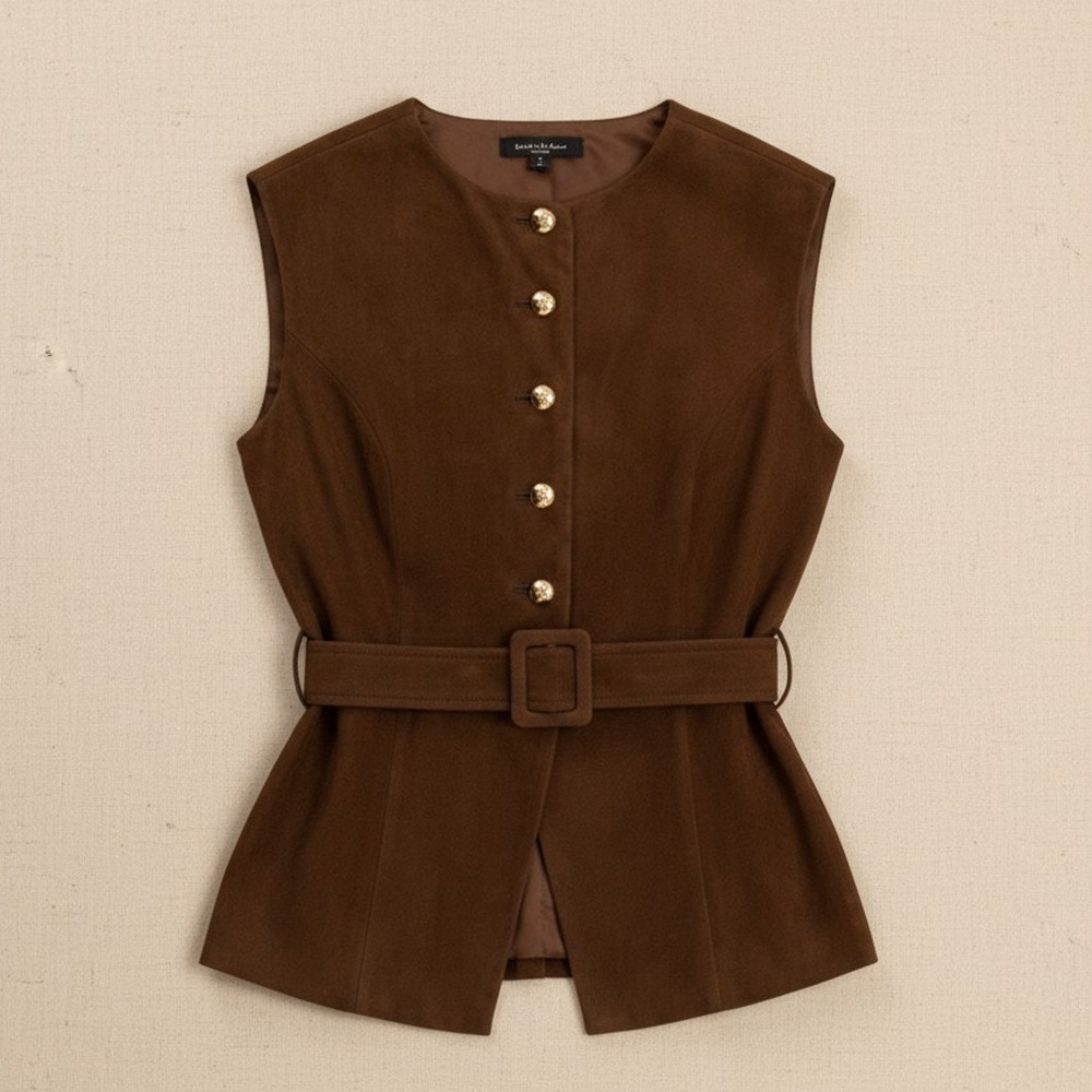 Commense Brown Suede Belted Vest Gold Button Tailored Top S / 4 Parisian Chic